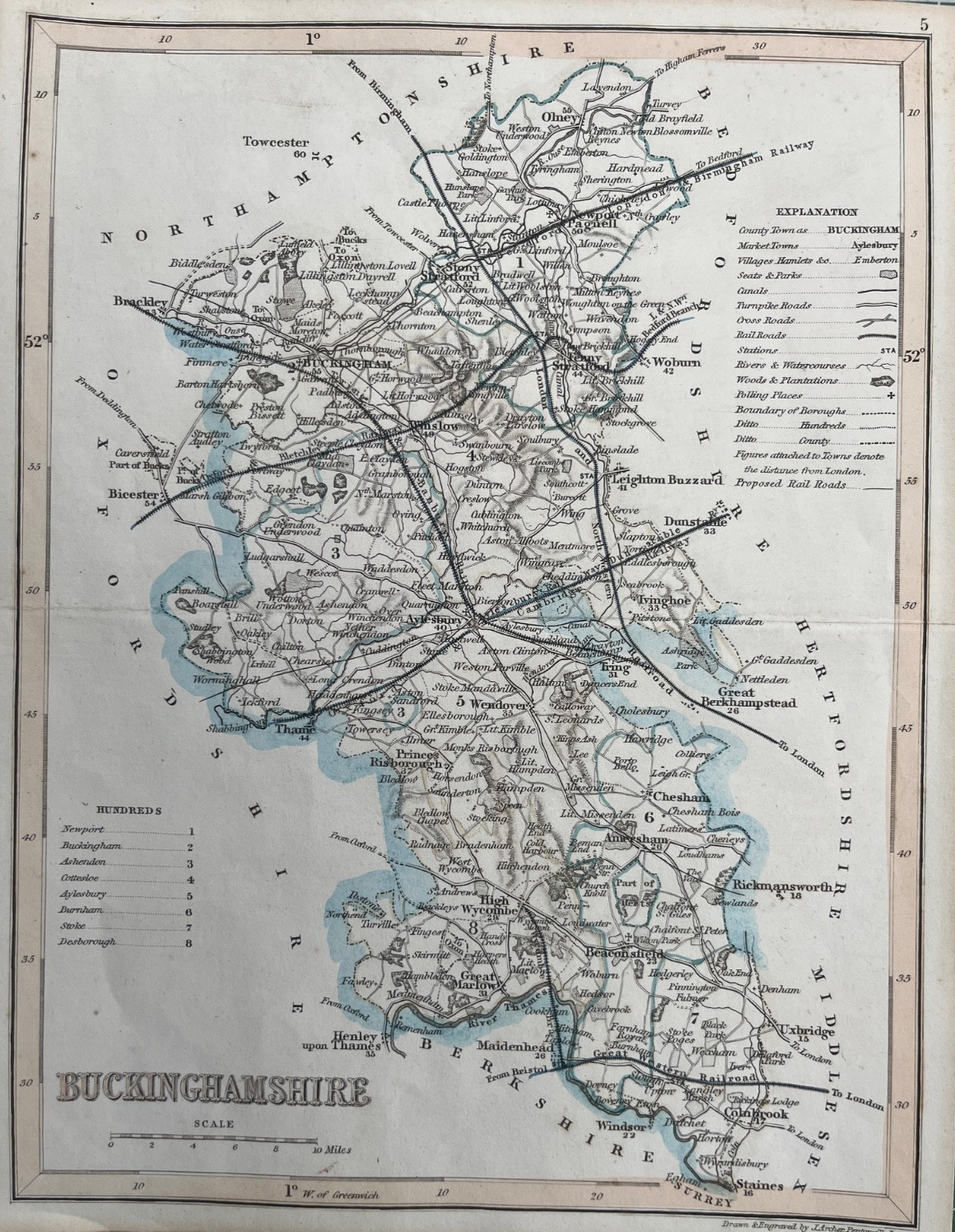 1850 Antique Map; Buckinghamshire by Joshua Archer