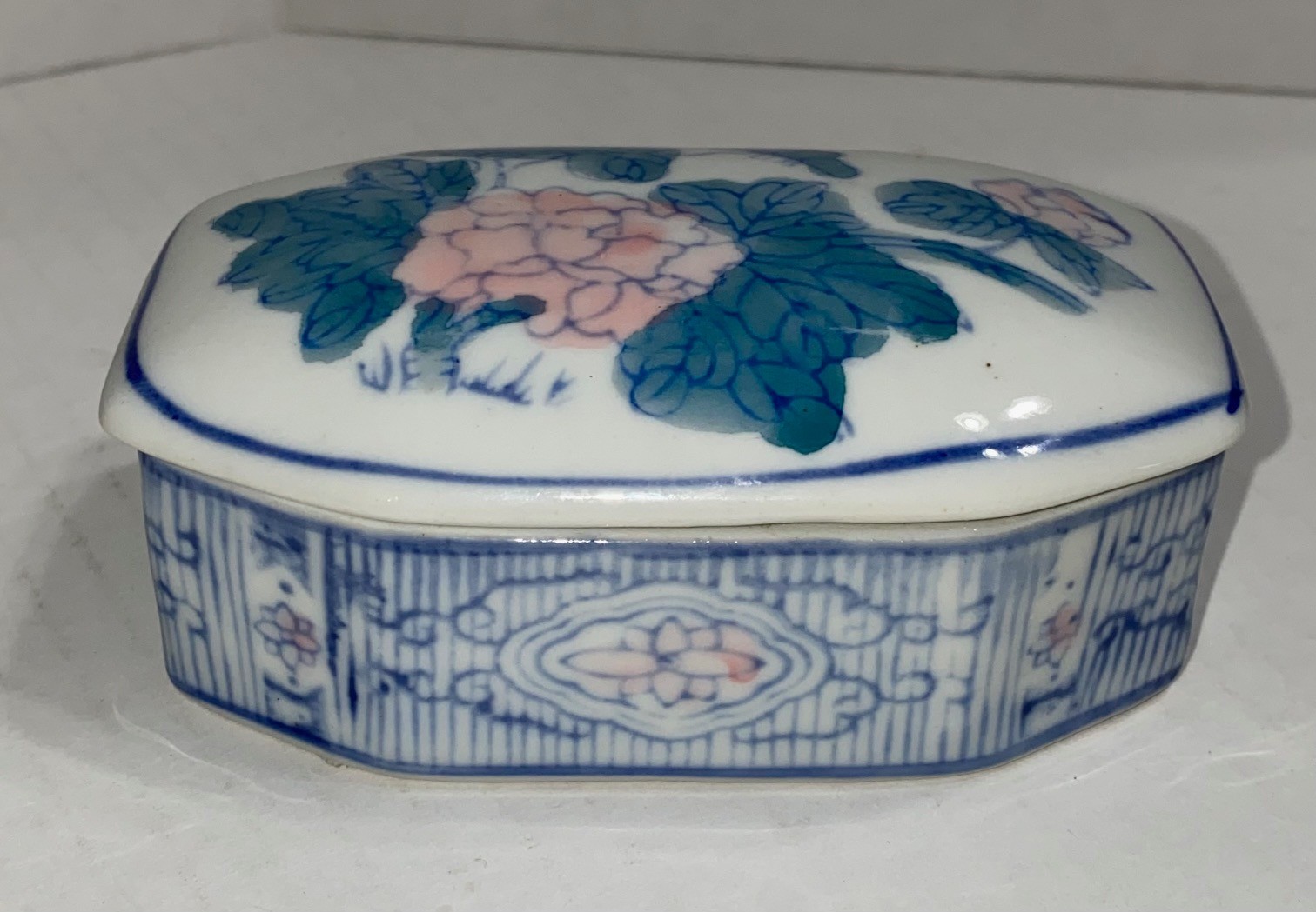 Vintage Porcelain Blue & White & Pink Floral Trinket Box Rectangular with Lid