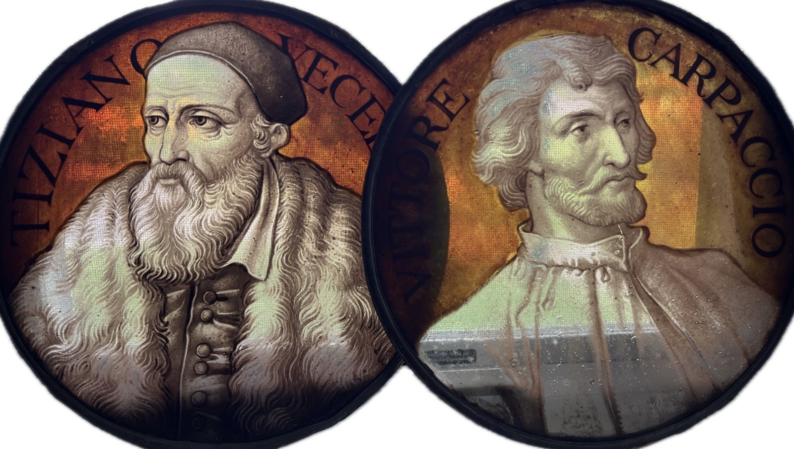 Pair Antique Stained Glass Roundel Medallions of Painters Titian & V Carpaccio