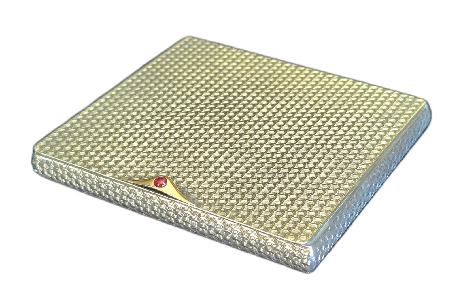 Asprey & Co Sterling Sllver Cigarette Case with 9ct Gold Inset a Cabochon Ruby