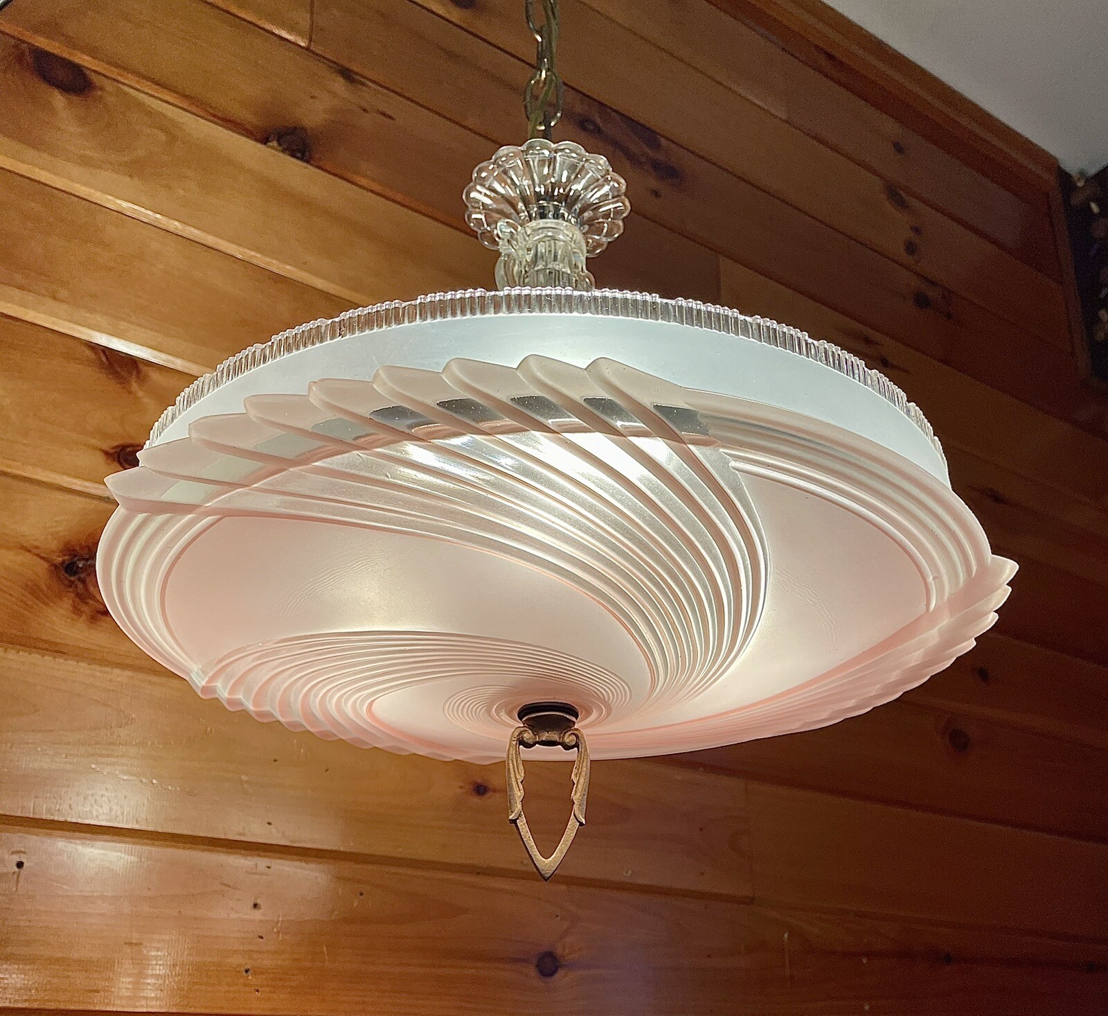Antique 1920s 30s LARGE Art Deco Nouveau Champagne Pink Glass Chandelier Light