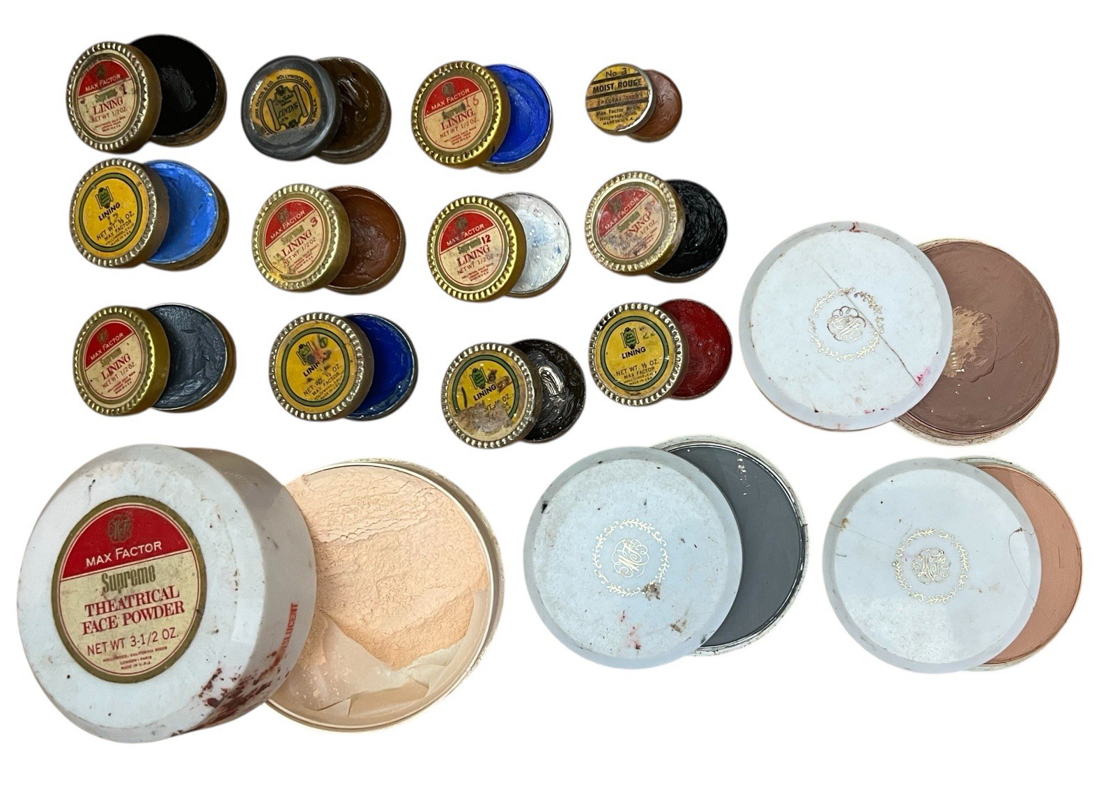 VINTAGE 1930 MAX FACTOR HOLLYWOOD, GREASE PAINT, STAGE MAKE UP THEATER Lot of 17