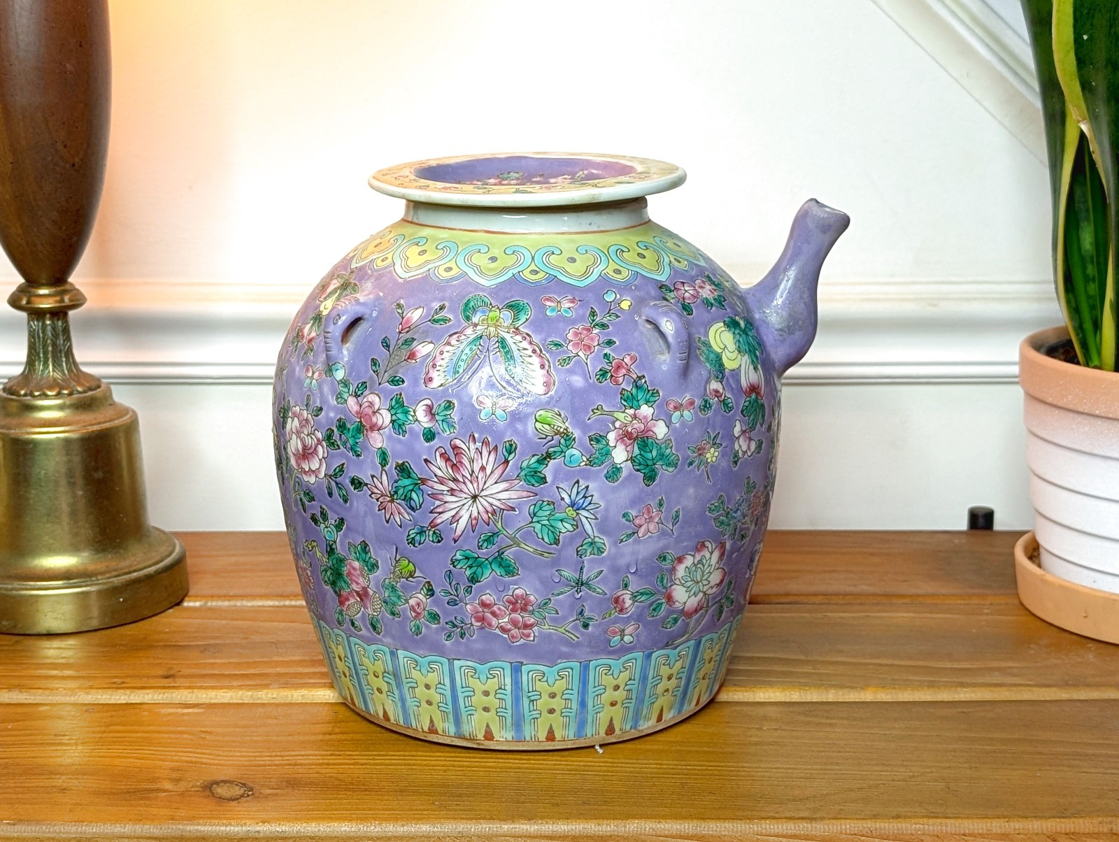 Large Antique Chinese Famille Rose Enamelware Ornate Lidded Water Teapot Vessel