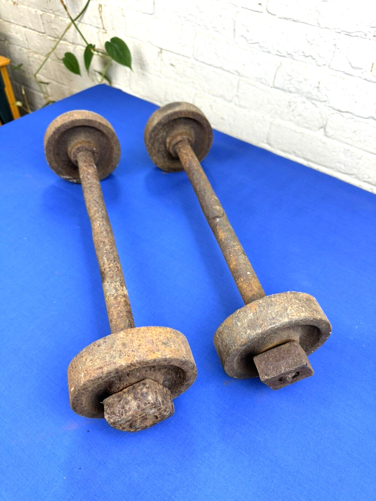 Pair C.1910 Factory Cart Wheels & Axles, 16.75″L RePurpose, Restoration Parts