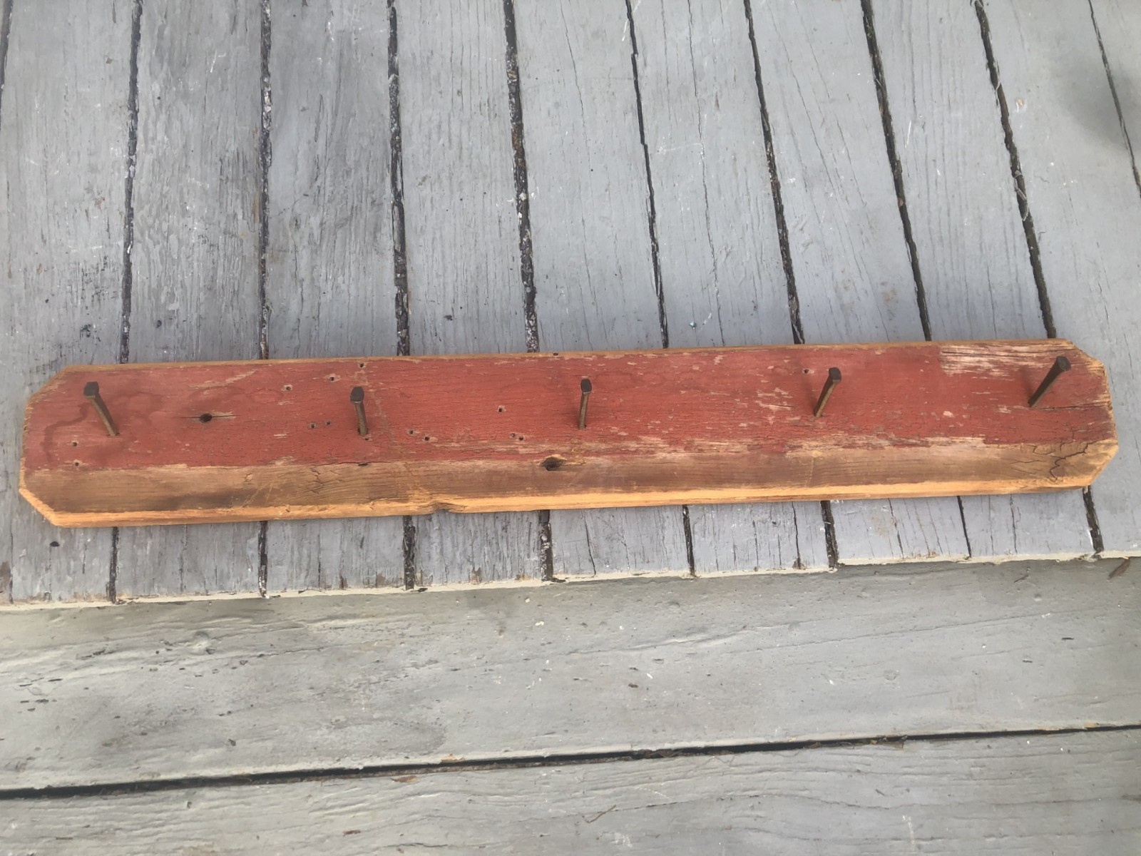 19th C COAT/MEAT RACK ORIGINAL RED SQUARE NAILS 24 X 3 1/2 MAINE ORIGIN