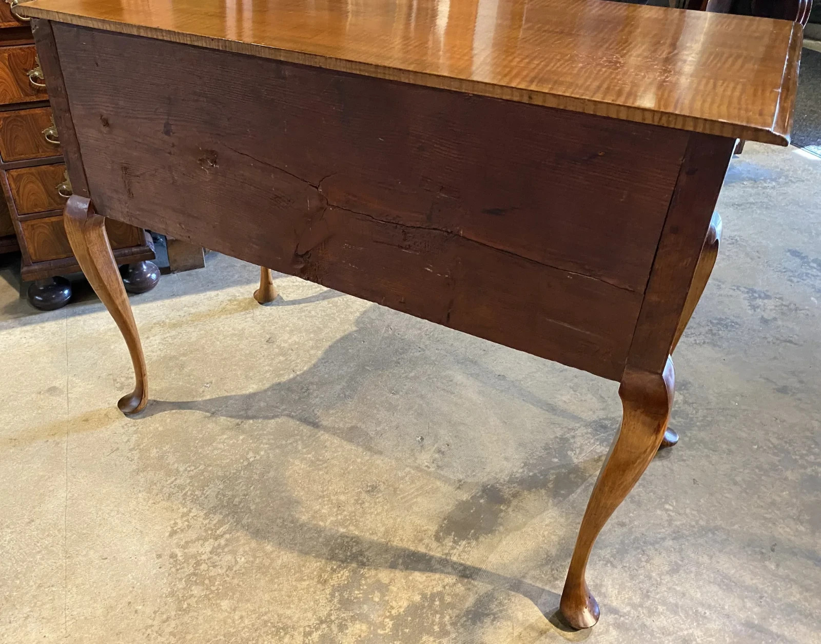 18th c New England Queen Anne Tiger Maple Highboy Base