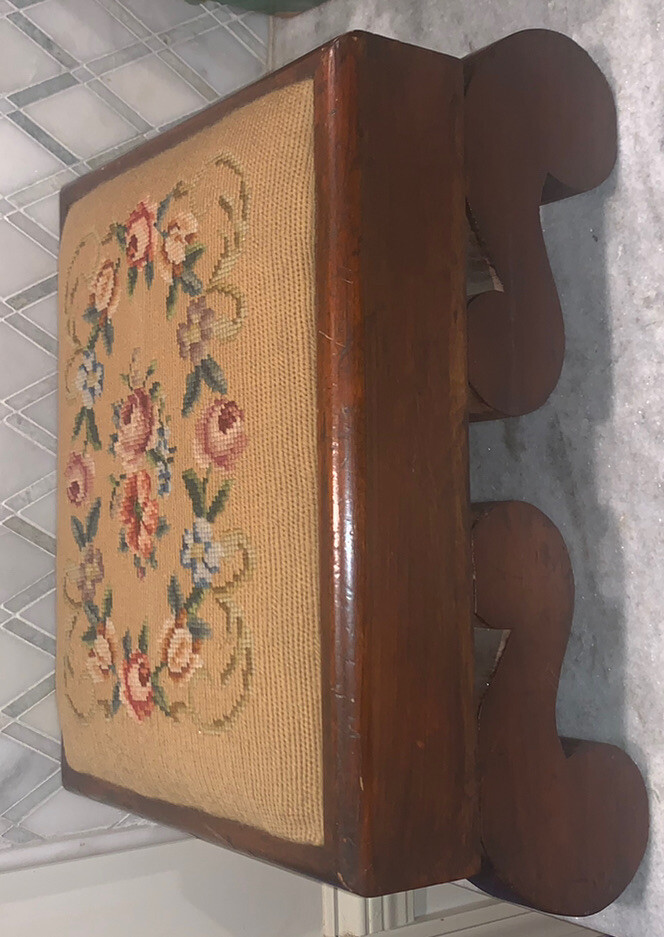 Antique Mahogany Empire Footstool Scroll feet FootStool 18.5”L 12”W 9”T Tapestry