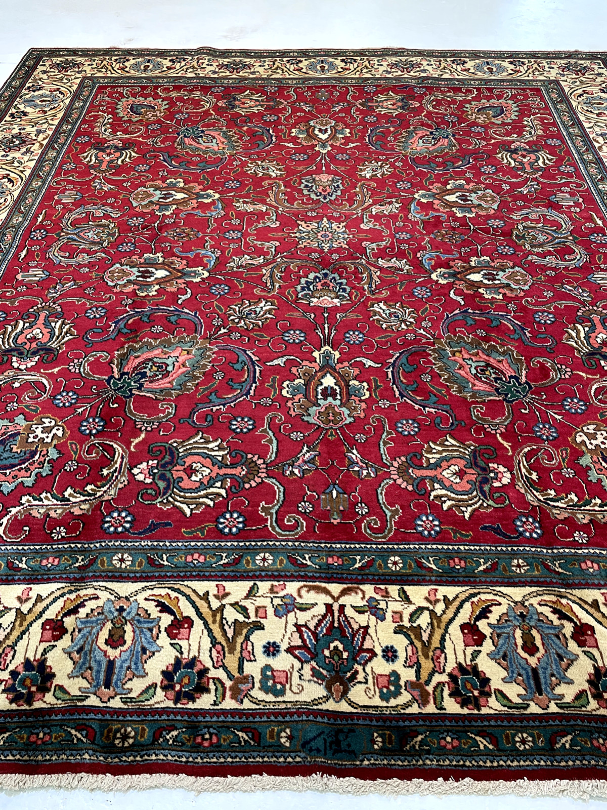 Antique Oriental Hand-Knotted Wool Area Rug Signed Red/Ivory/Blue 9’9″ x 10’8″