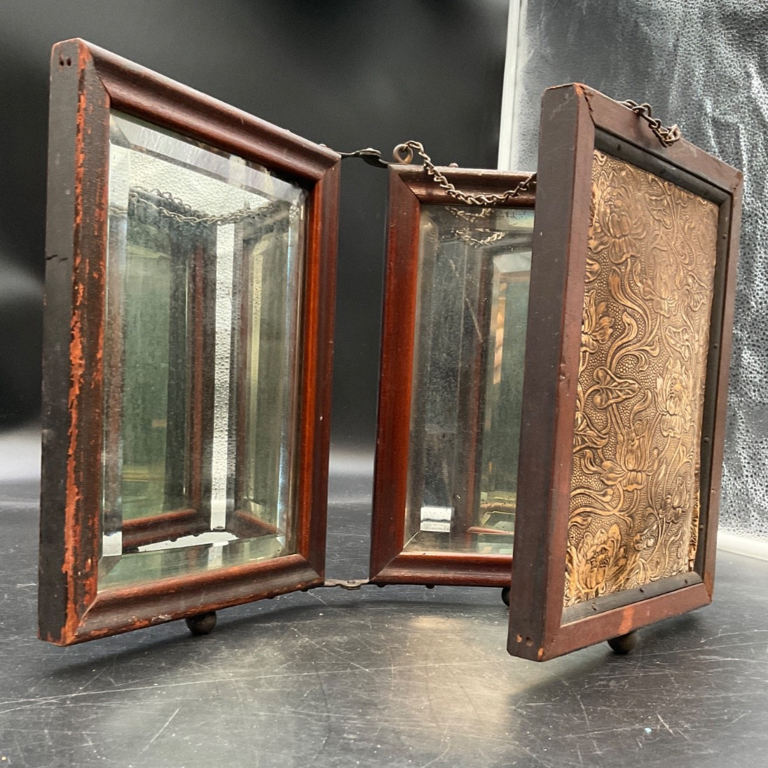 Antique Victorian Style Tri Fold Shaving/Travel Mirror Wood & Flower Engravings