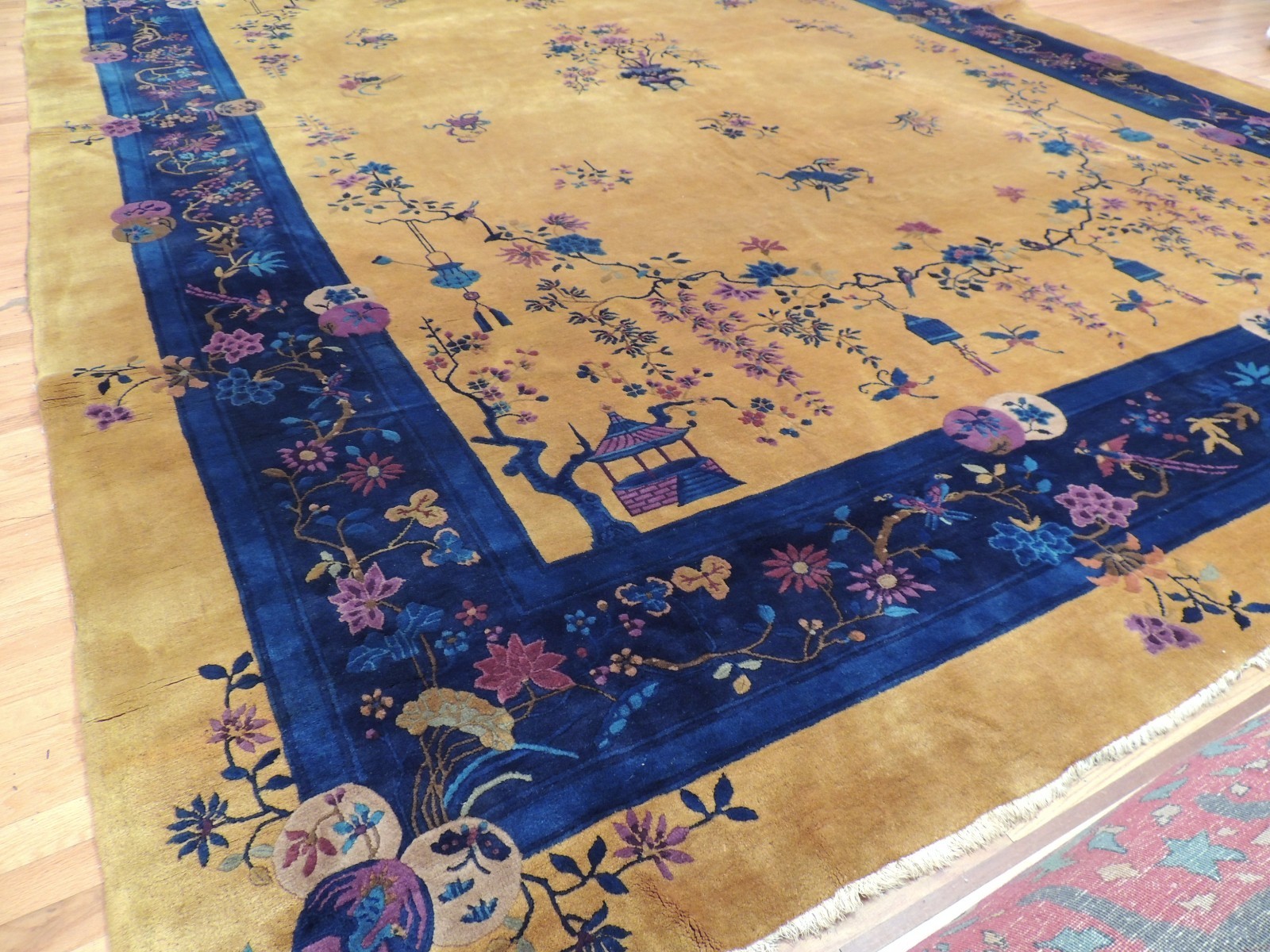 Antique 12×17 Art Deco Chinese Rug Gold Yellow Navy Purple RARE butterflies wool