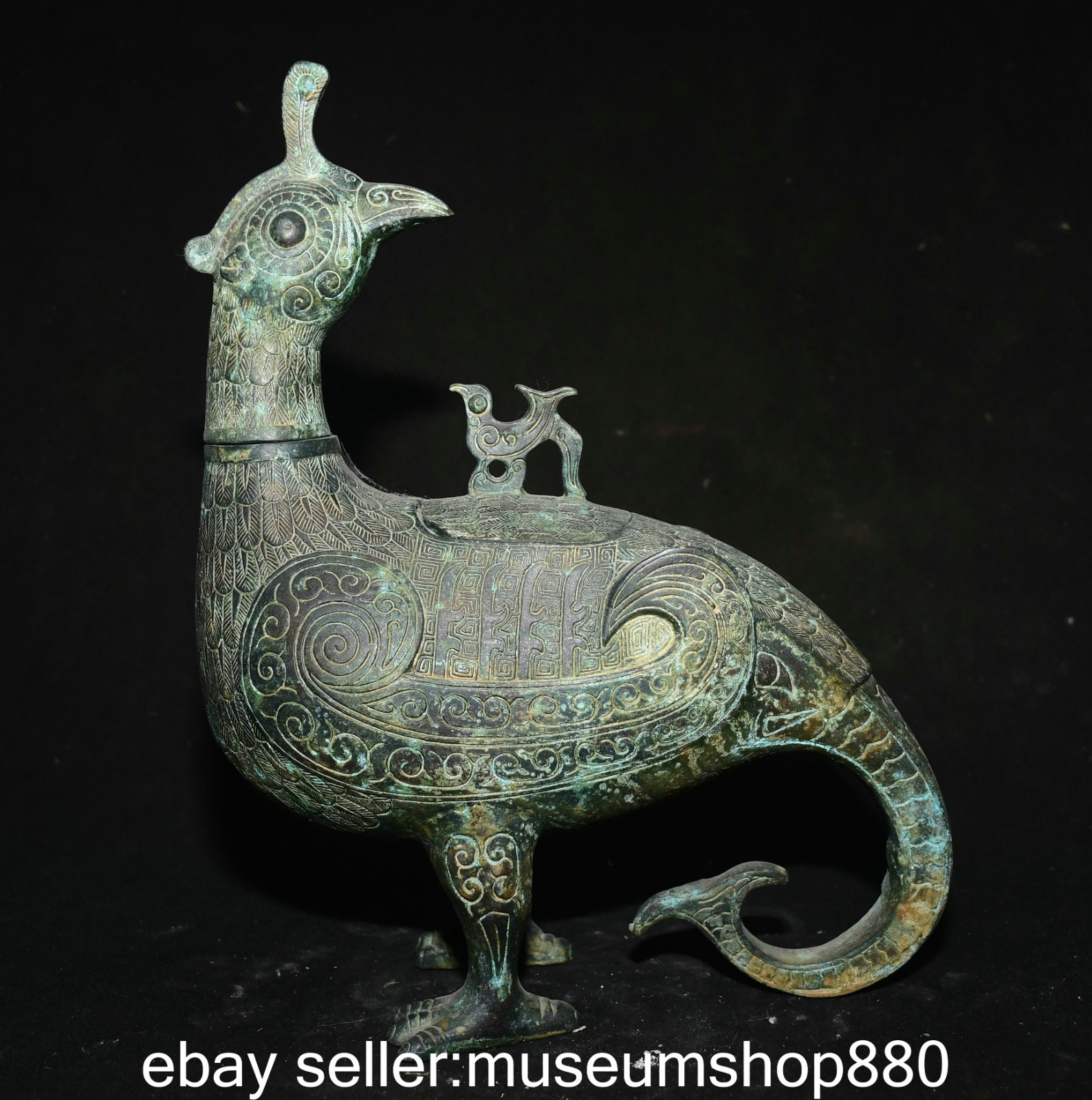 11.6″ Old Chinese Dynasty Bronze Ware Bird Zun Cover Wine Vessel