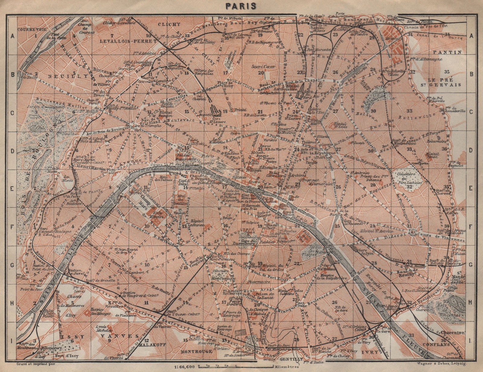PARIS town city plan de la ville showing city walls. Railways carte 1909 map