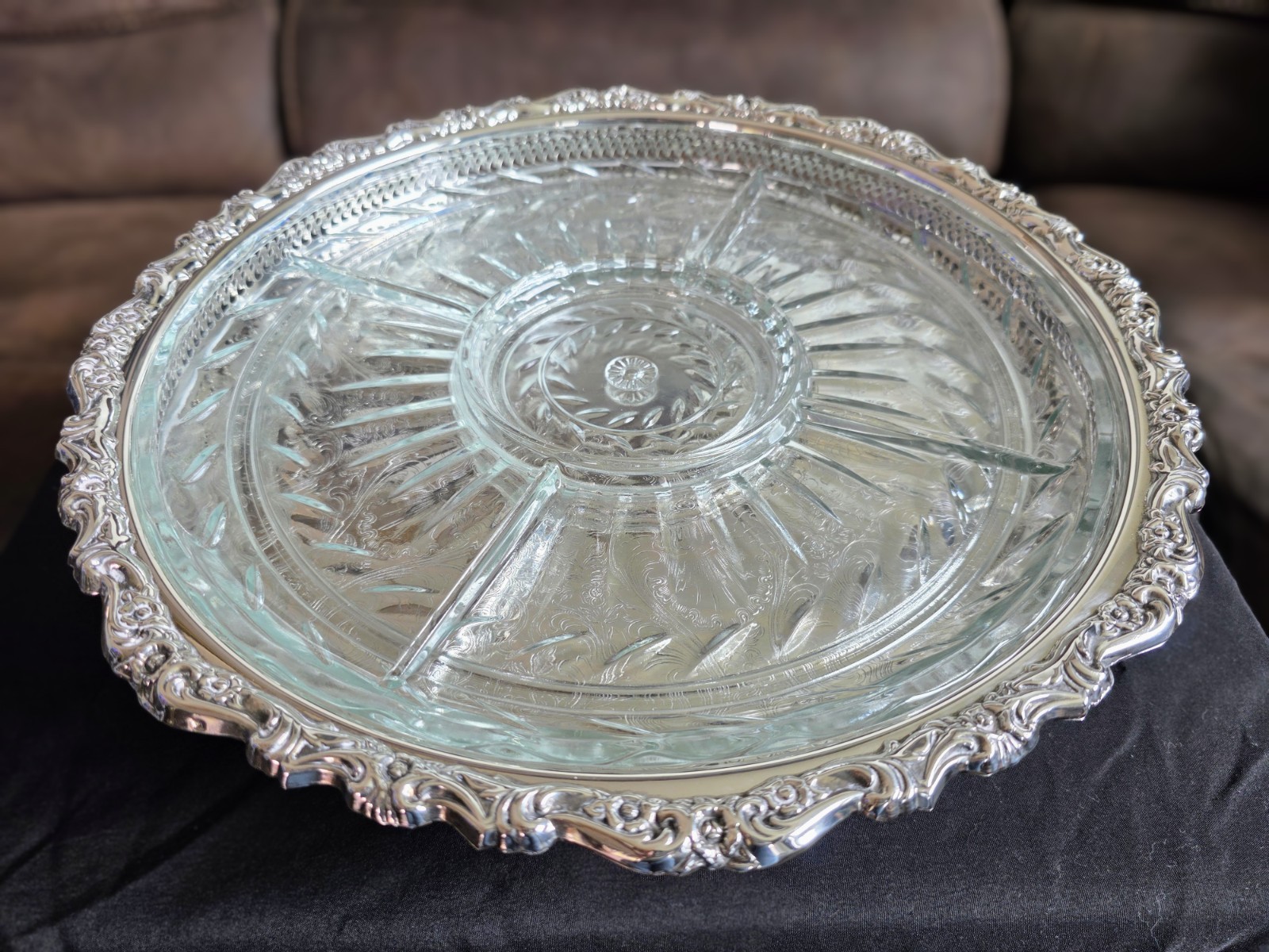Vintage Large Silver Plate Lazy Susan -Rotating Serving Dish With Glass Insert