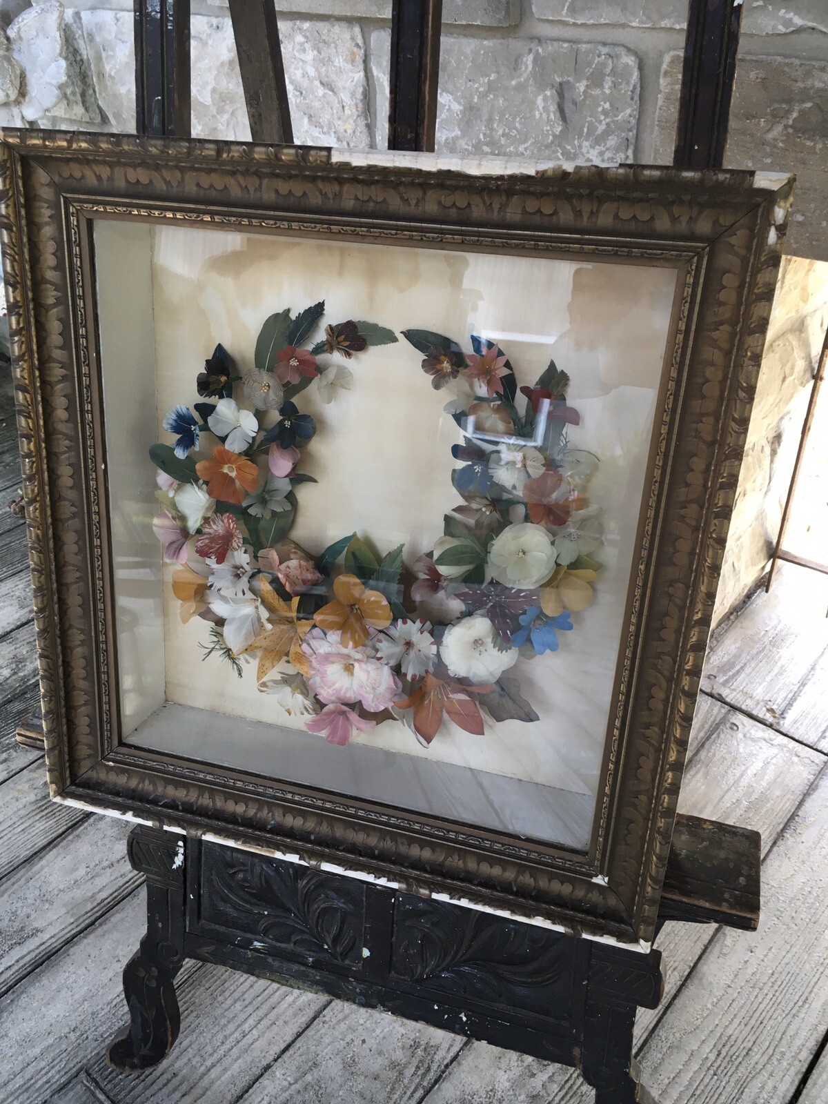 ANTIQUE VICTORIAN FLORAL SHADOW BOX FEATHERS ARTIST SKILLS ODDITY 19 3/4” T