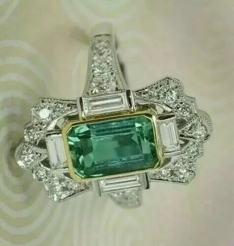 Art Deco Style 3.45Ct Lab-Created Emerald & Diamond Ring 14k White Gold Finish