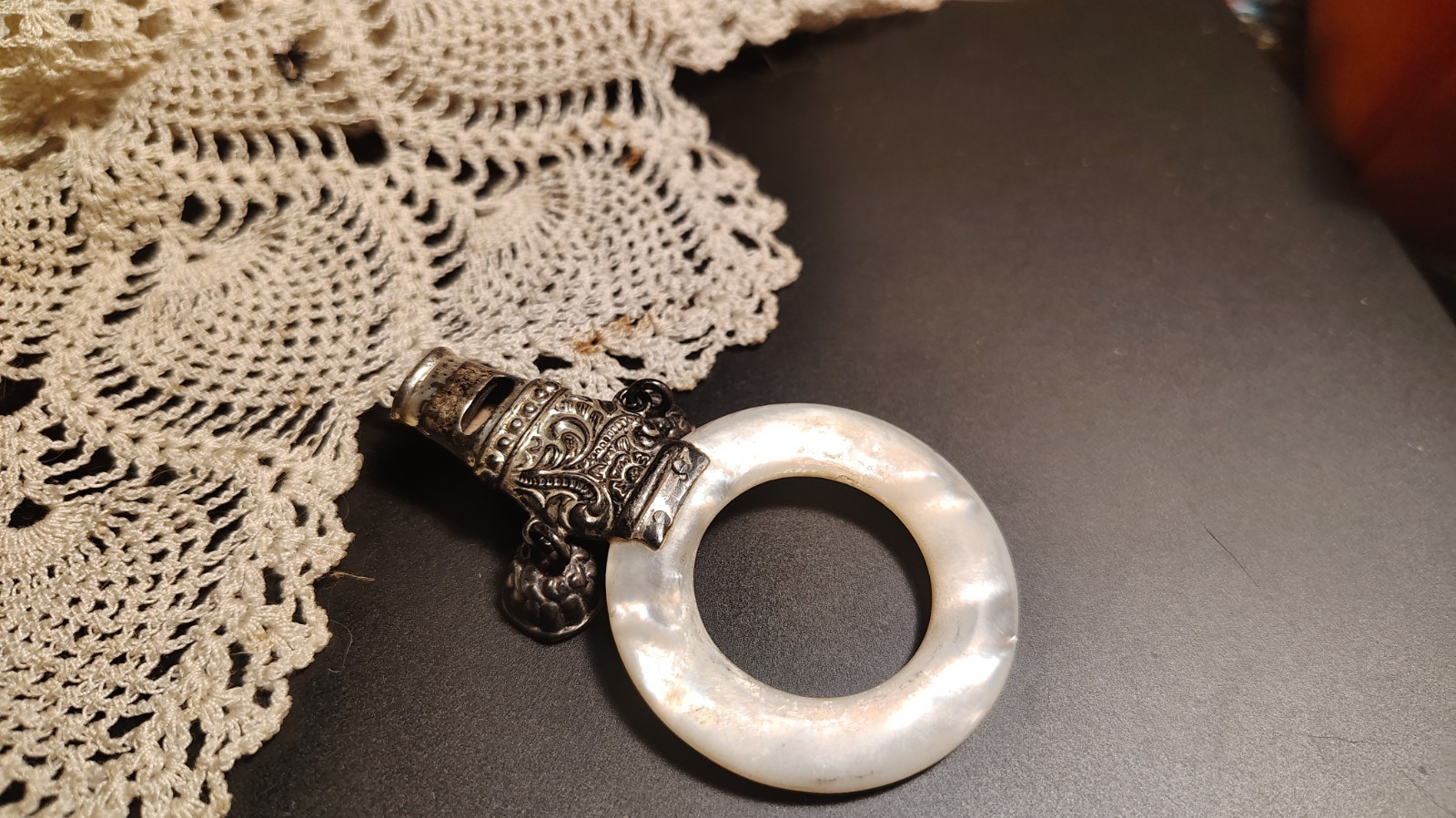 Antique Mother Of Pearl Sterling Whistle Baby Teether Rattle Ornate Victorian