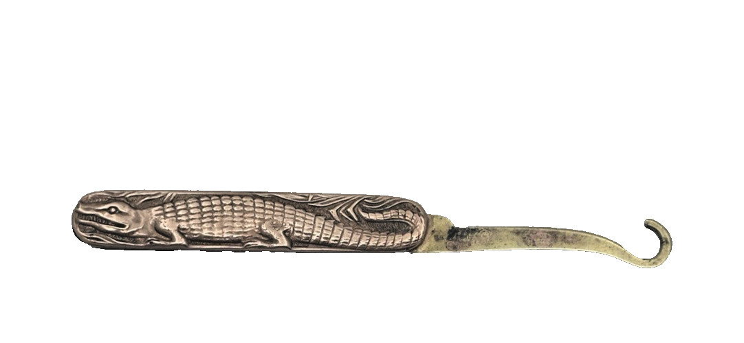 Small Antique Folding Figural Button Hook Alligator or Crocodile Copper & Brass
