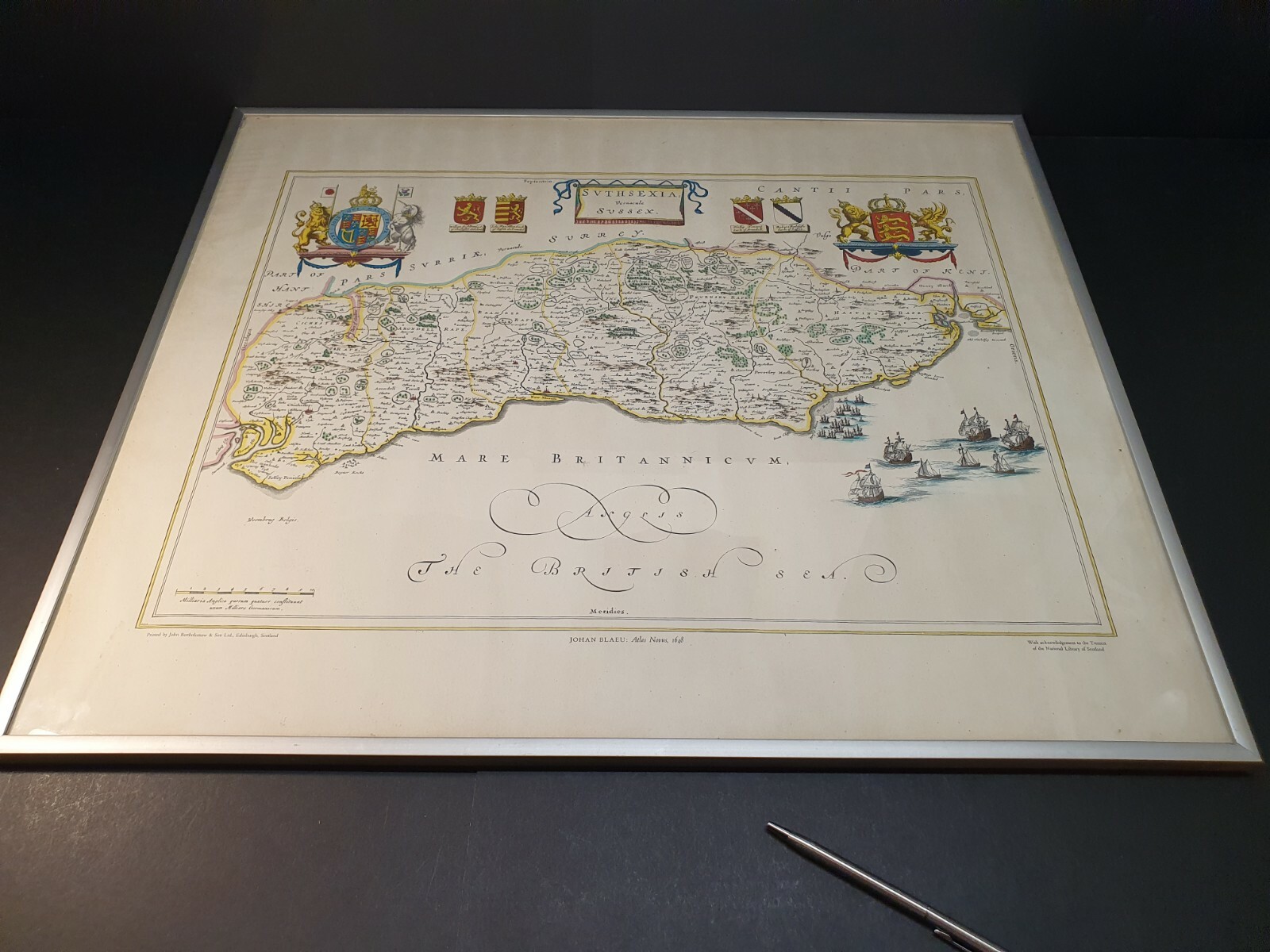 Sussex Map; Johan Blaeu – Atlas Novus 1648;Printed by John Bartholomew & Son…