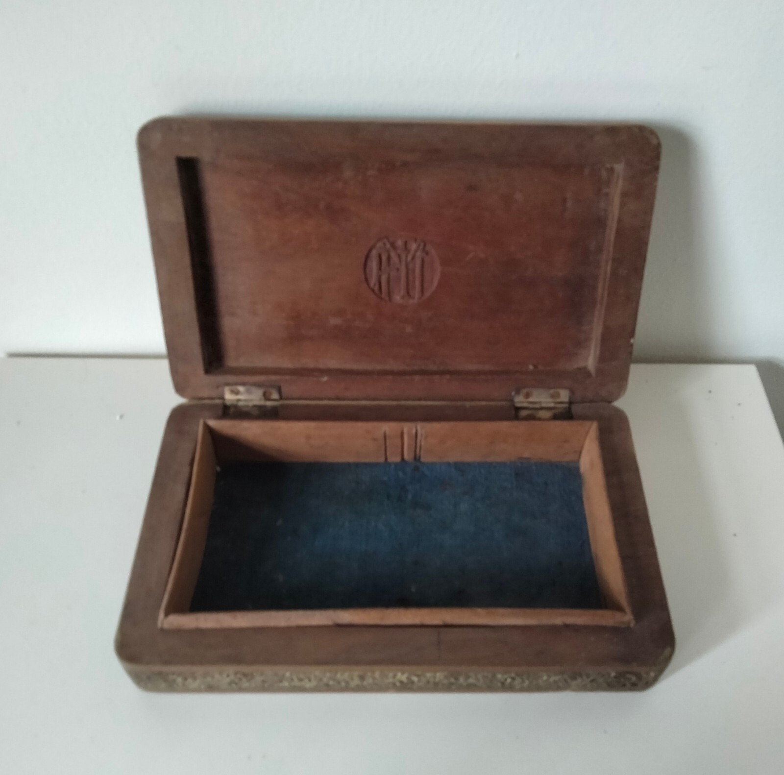 Vintage antique Indian carved wood velvet lined trinket jewellery cigarette box