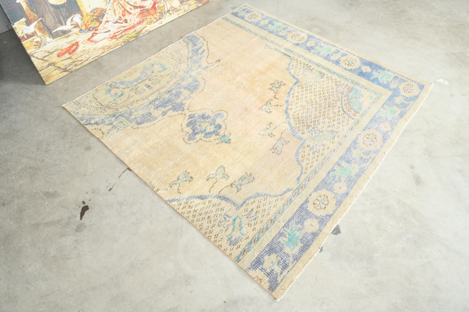 4×5 area rug handmade faded vintage turkish rug neutral oushak small carpet,1004