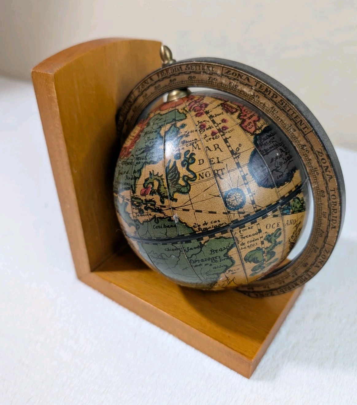 Vintage Olde World Globe Axis Earth Sphere Astronomy 6 5/8”T 6”D Wood Bookend