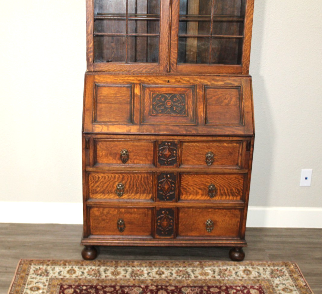English Antique Jacobean Oak Lidded Glass Secretary Desk / Bookcase.
