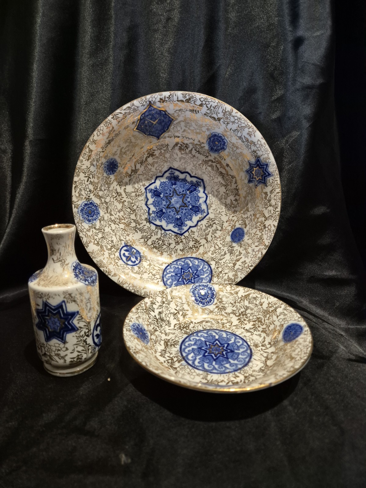 Antique Fenton ‘Osaka’ Pattern, 3 Piece, Bowl/Dish/Bud Vase, Very Good Condition