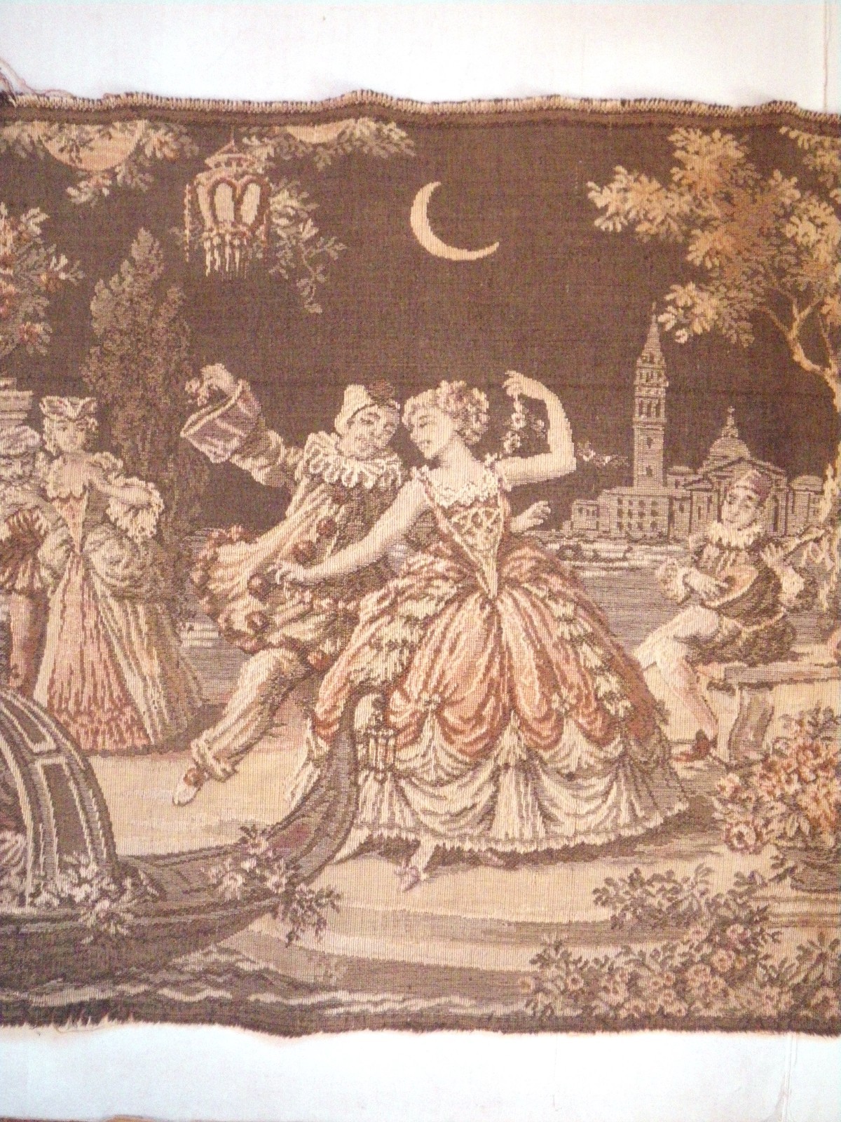 Faded Belgian Tapestry Venice Carnival Costume Ball Scene w/ Pierrot 37″ x 18″