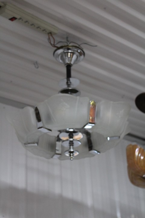 Antique Art Deco 6 Slip Shade Ceiling Light Fixture Chandelier Chrome Frame