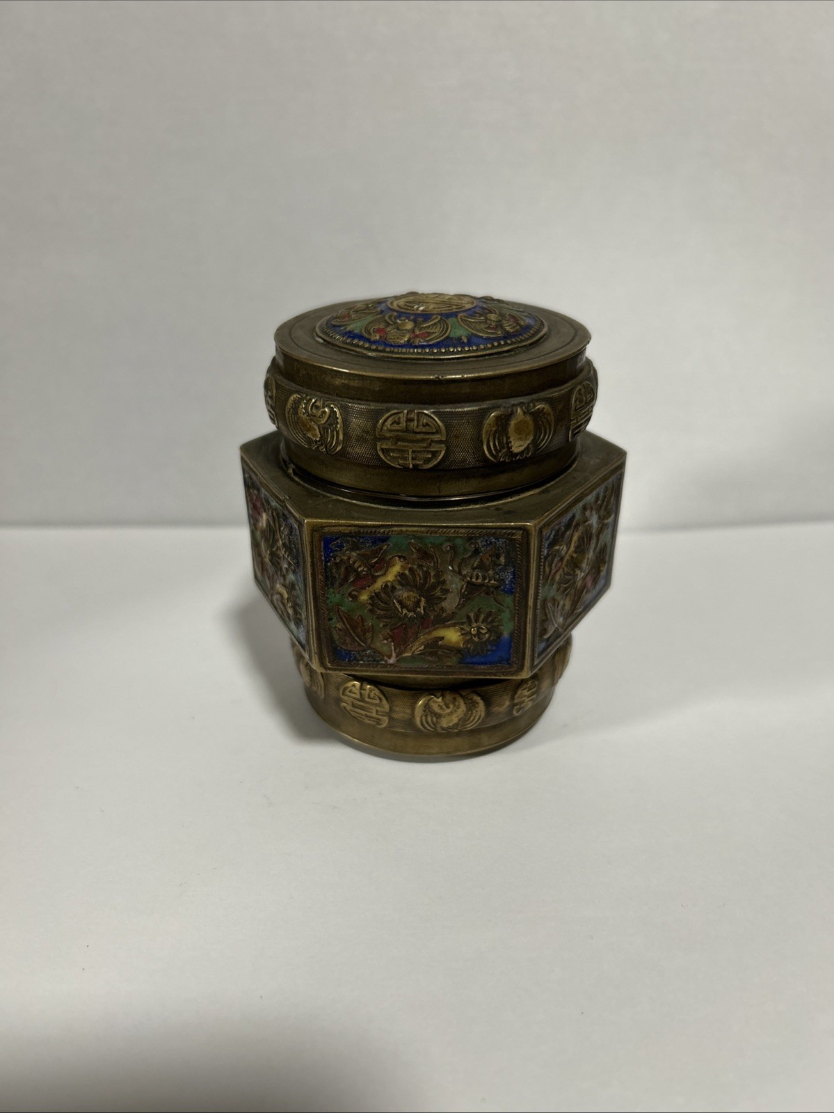 Antique Painted Brass Covered Vessel Box 3.5″ x 3.5″ Marked China