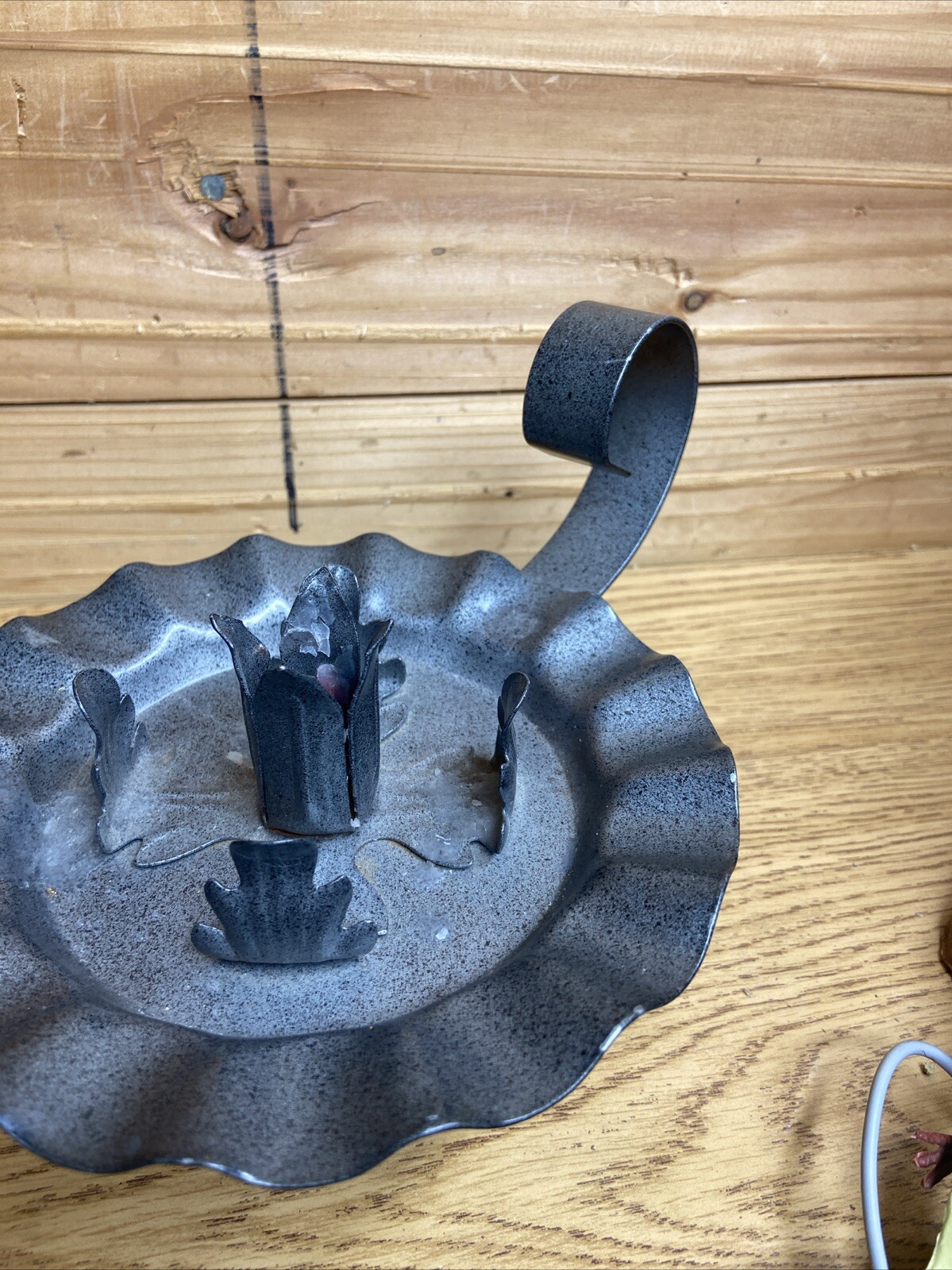 VINTAGE PUNCHED TIN 7″ CANDLE HOLDER W/ FINGER LOOP & STAR PATTERN