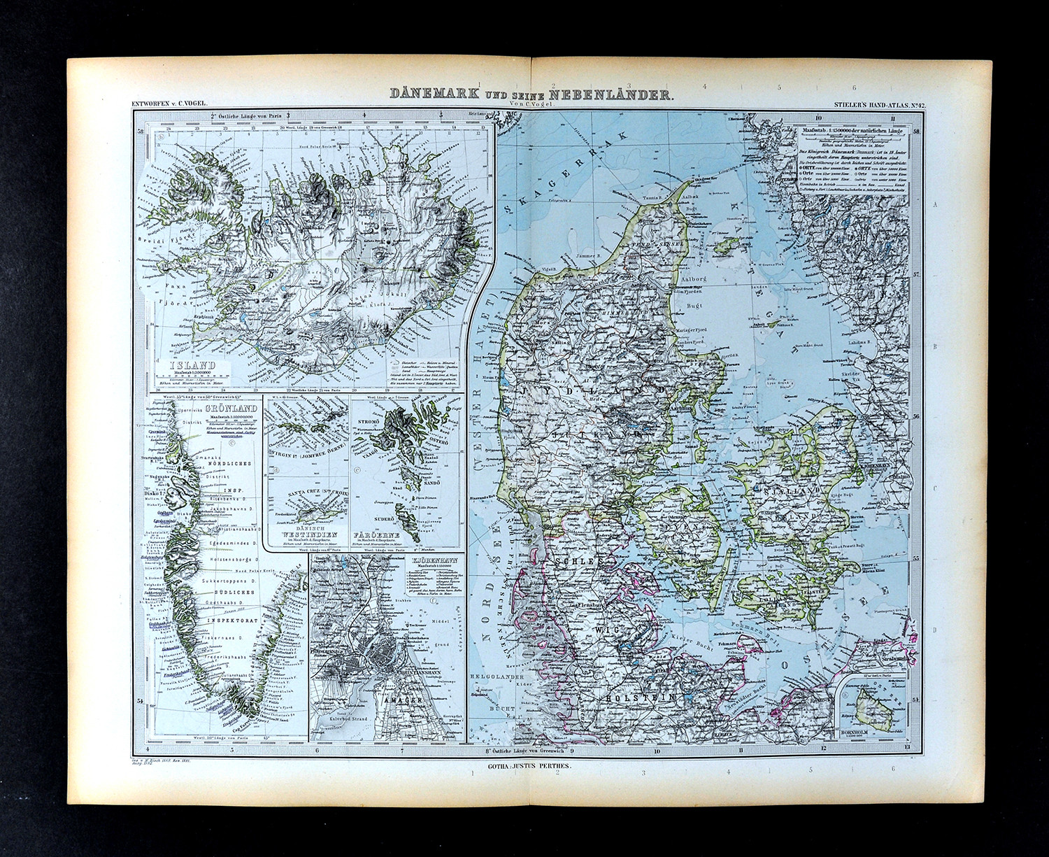 1892 Stieler Map Denmark Iceland Greenland Copenhagen Funen Jutland Flensburg EU
