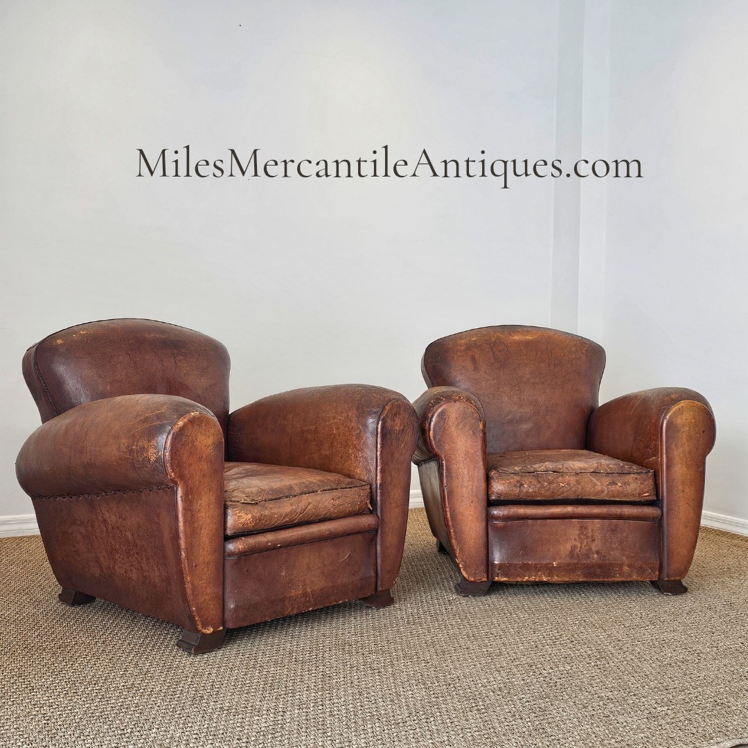 Antique Original Pair of 1920s French Leather Club Chairs Art Deco Cigar