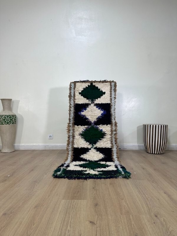Vintage Moroccan handmade 2’4″x6’1″ Bohemian Berber Green Blue and White Runner