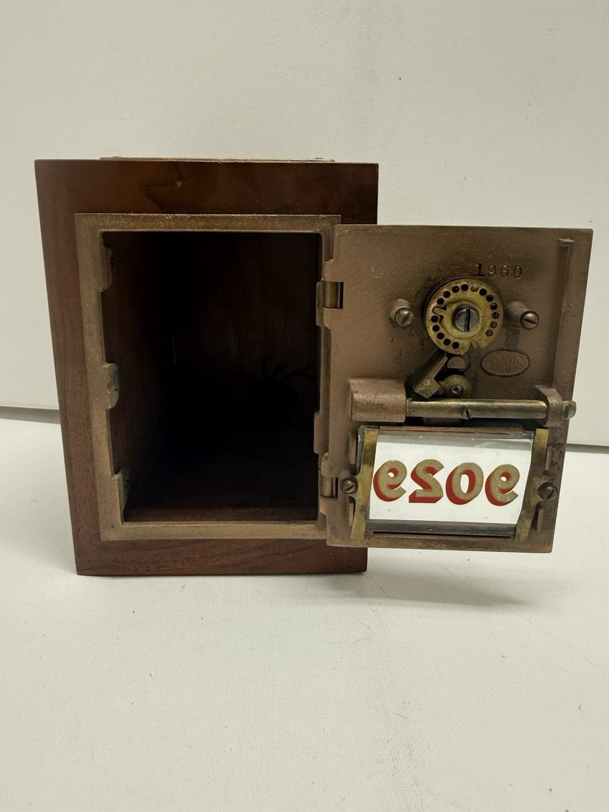 Antique Post Office Combination Lockbox Door Bank 1960 Walnut and Brass