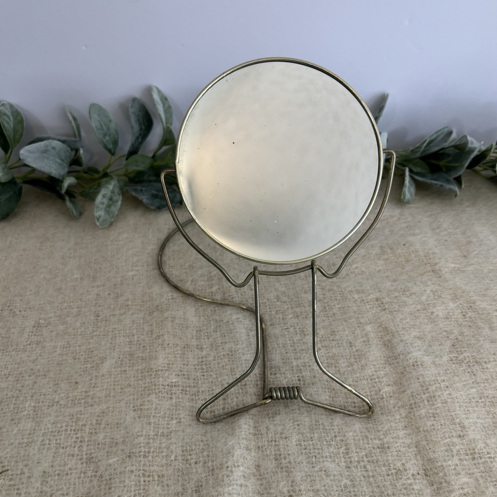 Vintage Tabletop Mirror Round 2 Sided Adjustable Metal Gold Colored Art Deco MCM