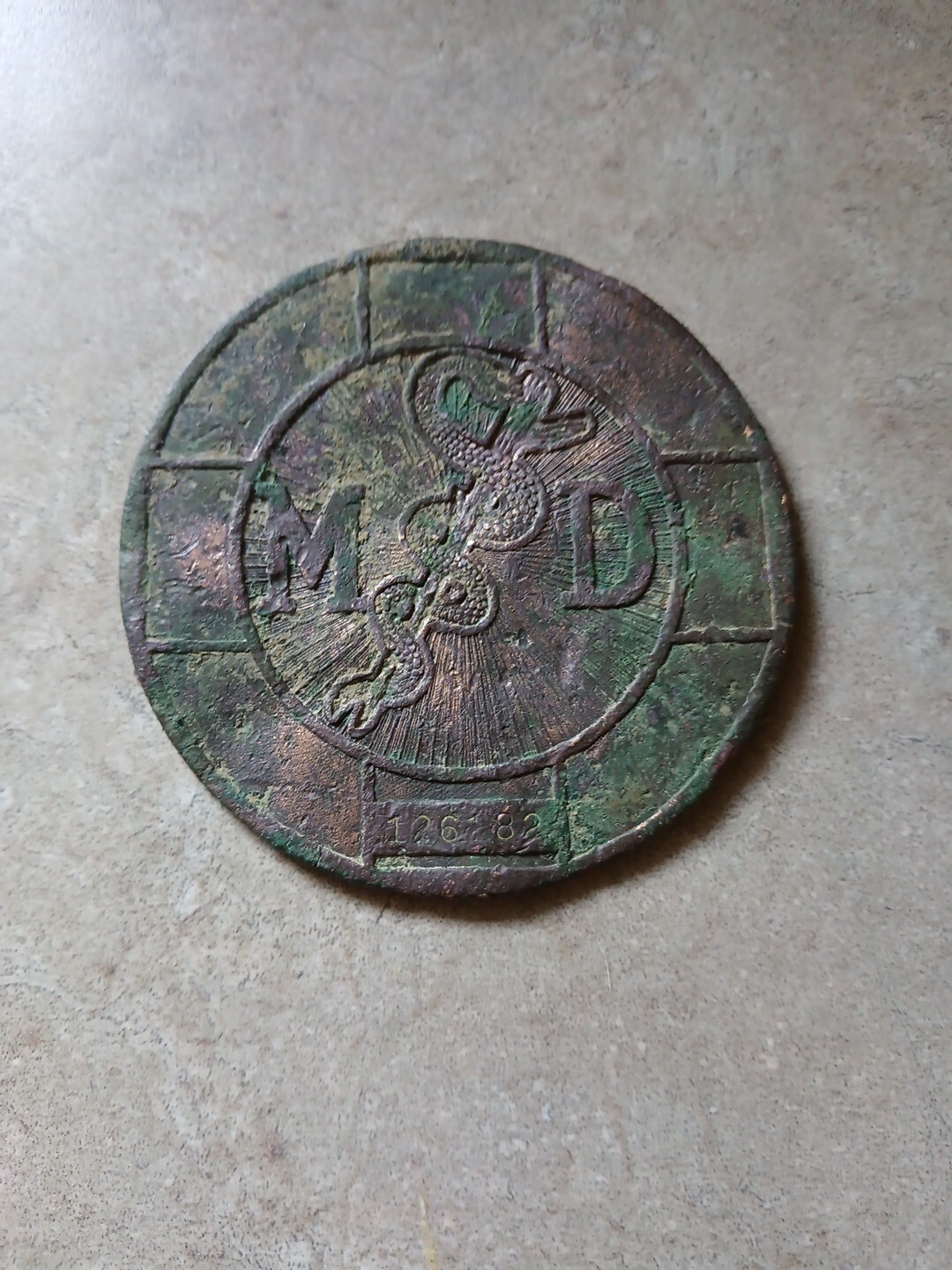 1925 M.D. Medical Doctor 3.5″ Copper Medallion Emblem ~ License No. 126282 ~ AMA