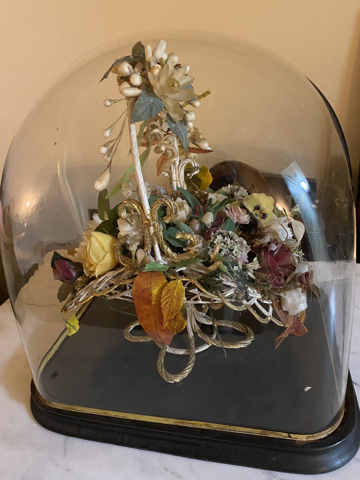 Antique Mid-Victorian Opulent Basket Wax Flowers& Leaves Original Glass Dome Exc