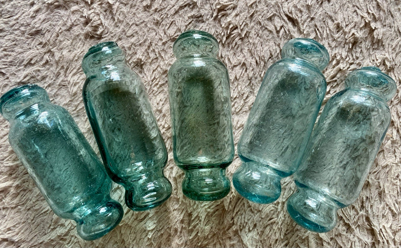 Rare Short Cylindrical Japanese Glass Floats 4.9in Aqua Blue-Green Set of 5