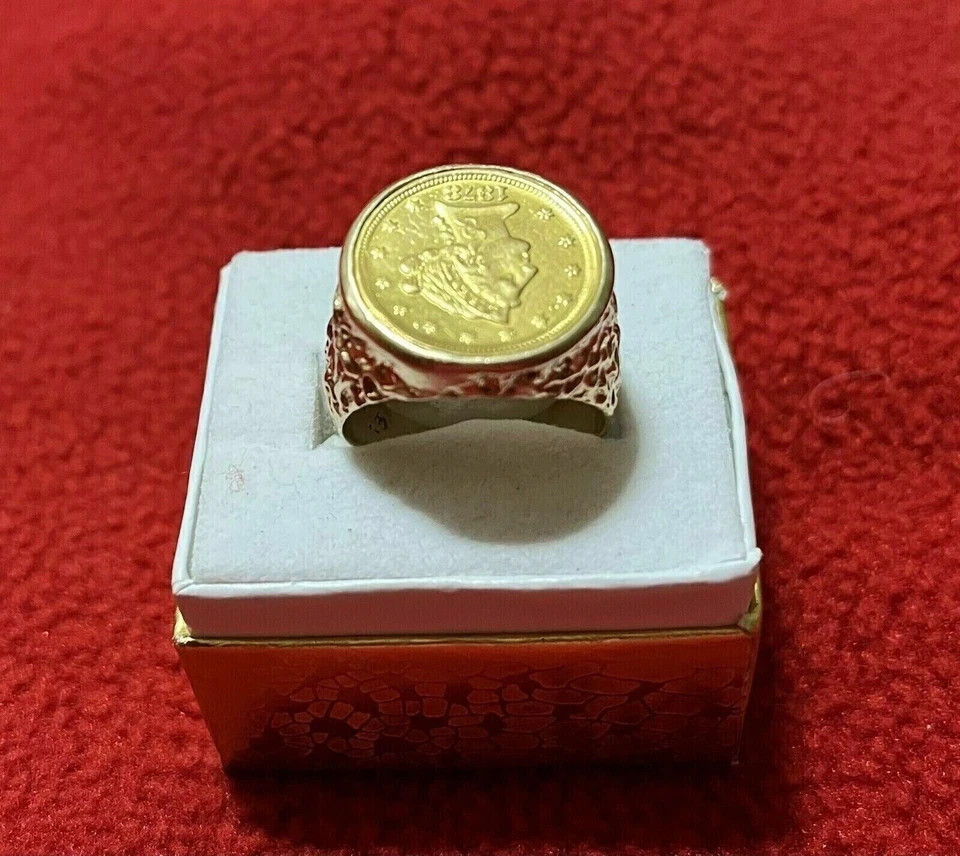 Solid 14K Yellow Gold Plated Silver Men’s Coin Wedding Band Ring Without Stone