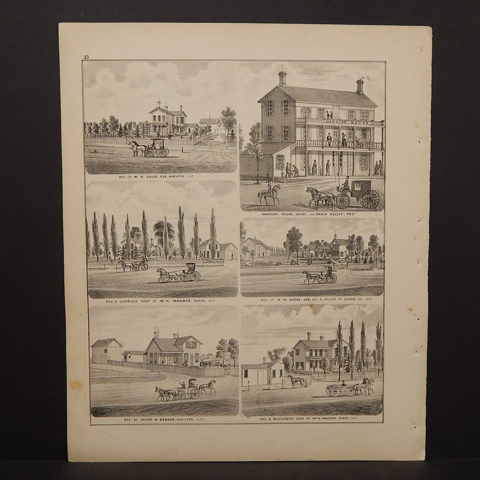 Illinois Du Page County Map Blacksmith Carriage Shop Engravings 1874 K14#05