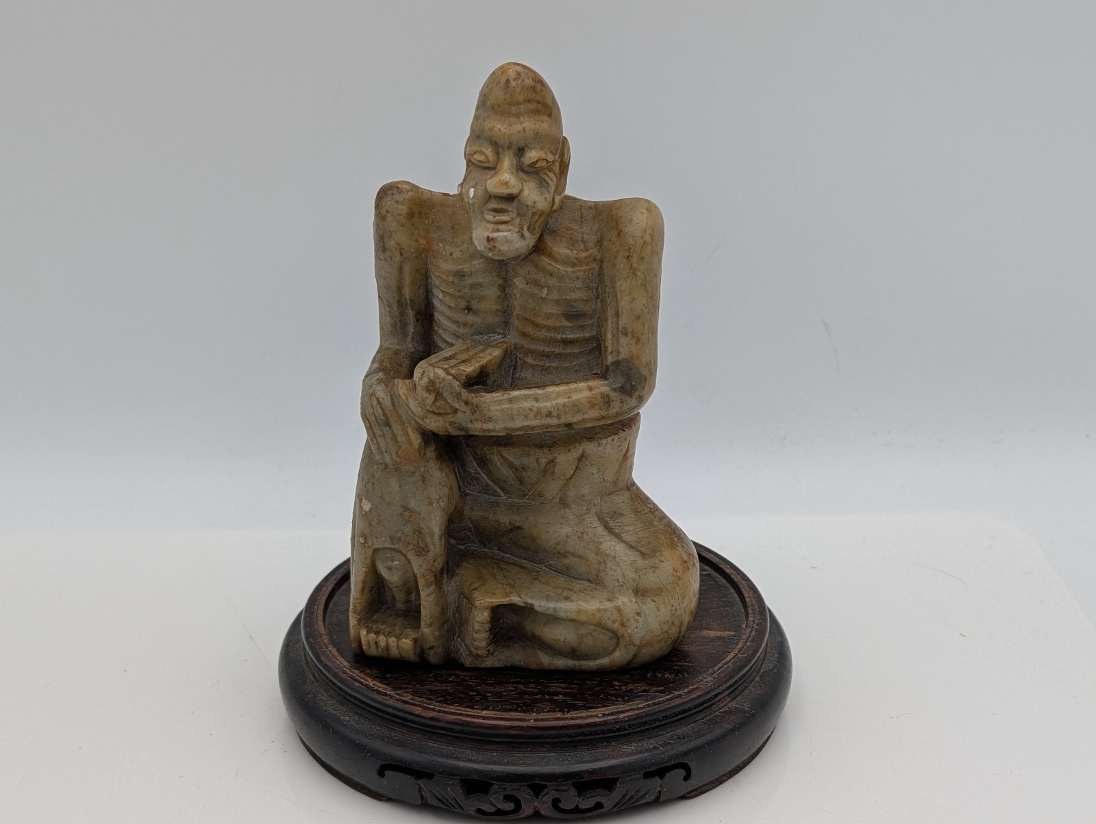 Hand-Carved Chinese Shoushan Stone of Luohan Soapstone Carving on Base 5 1/2″