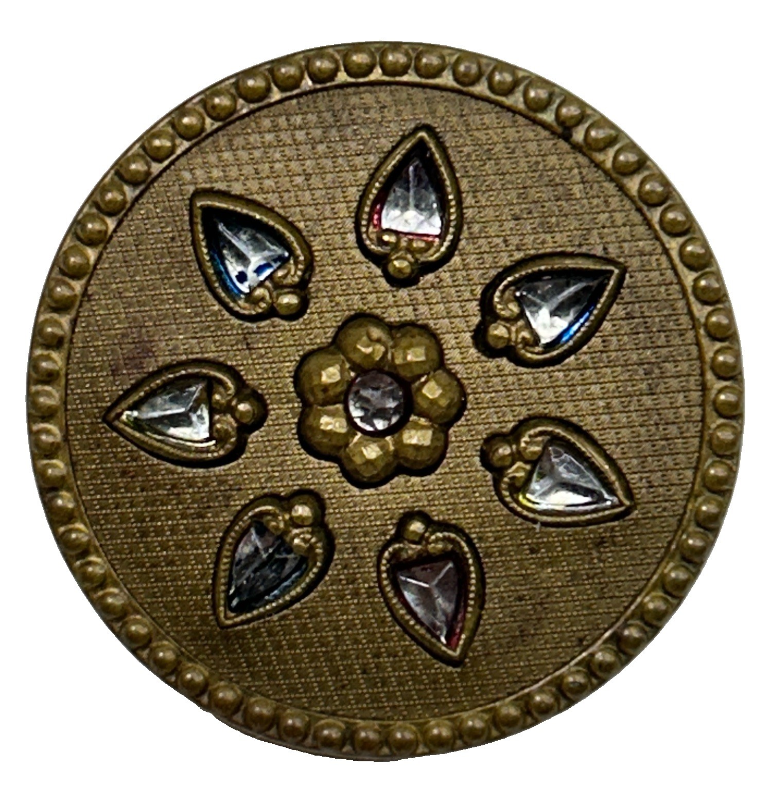 Antique Victorian Metal Glass Button Flower Design With Spade Shape Glass Pedals