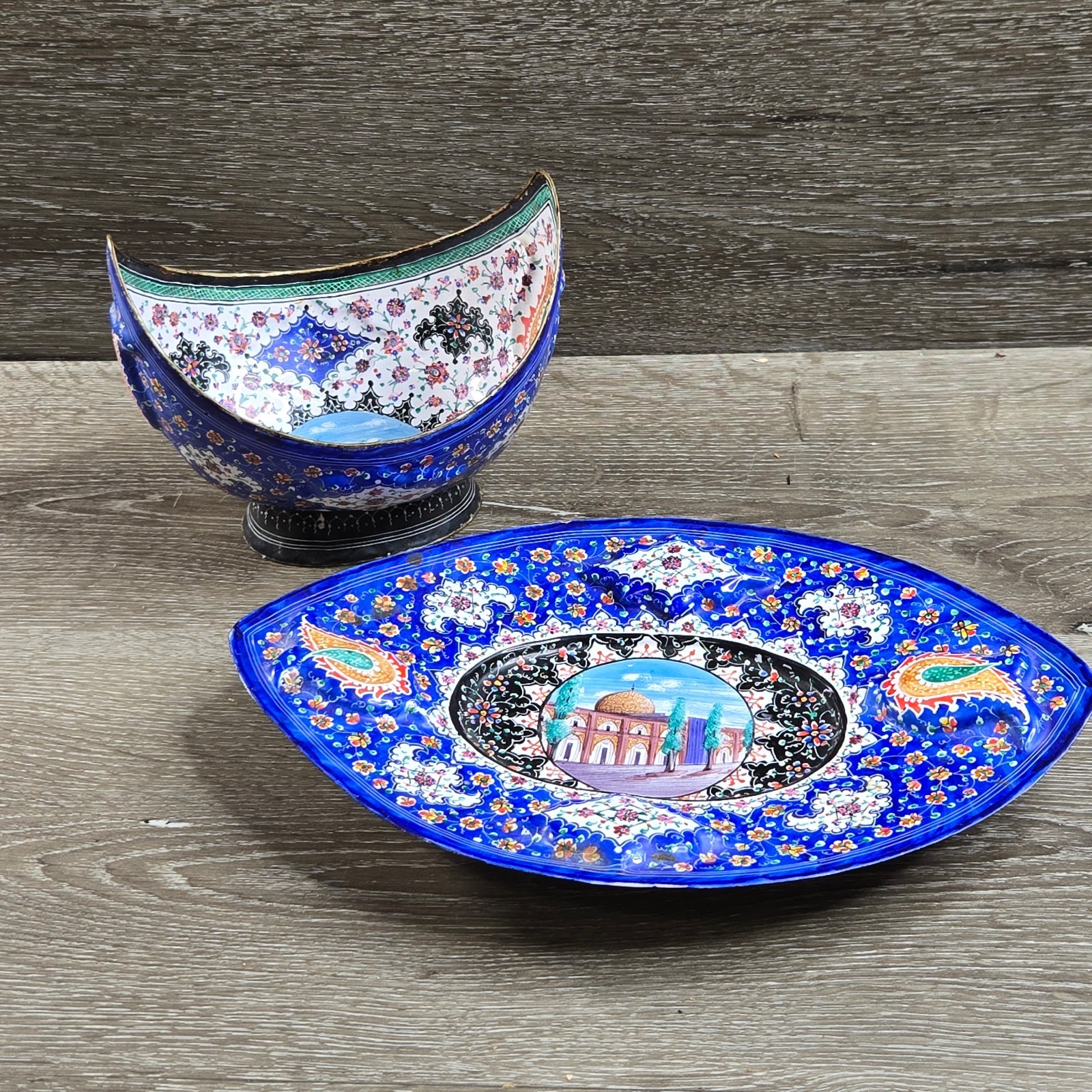 Middle East Minakari Hand Painted Enamel Bowl & Plate Set Blue Floral Mosque Art