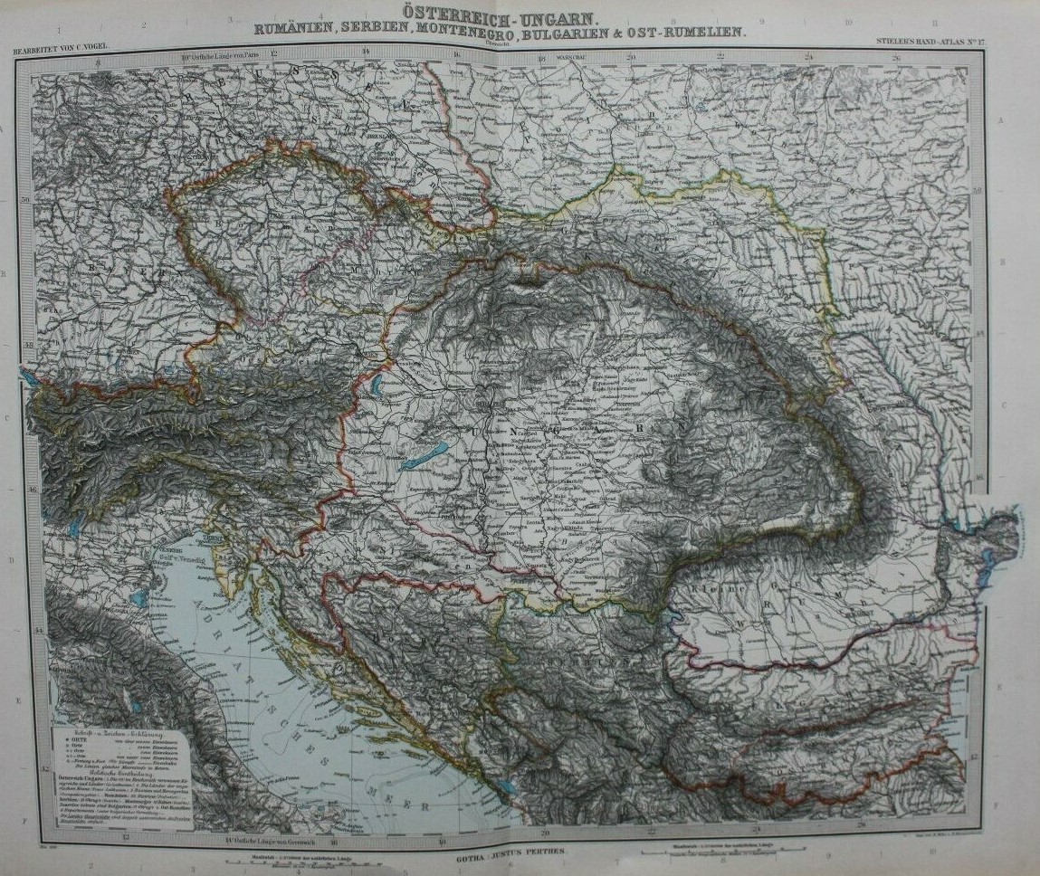 Original antique map NORTH BALKANS, CROATIA, BOSNIA, SERBIA, Stieler, 1891