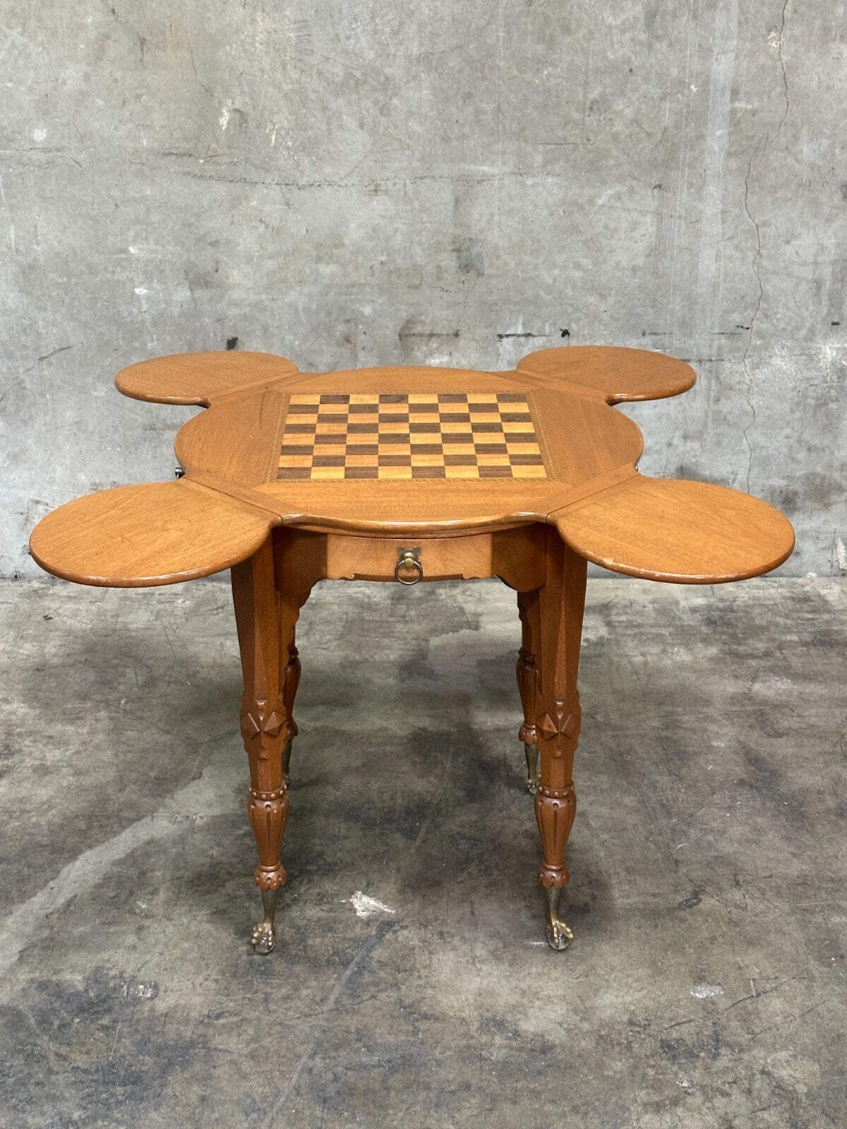 Antique Drop Leaf Game Table Chess Board Top Carved Legs Claw Feet