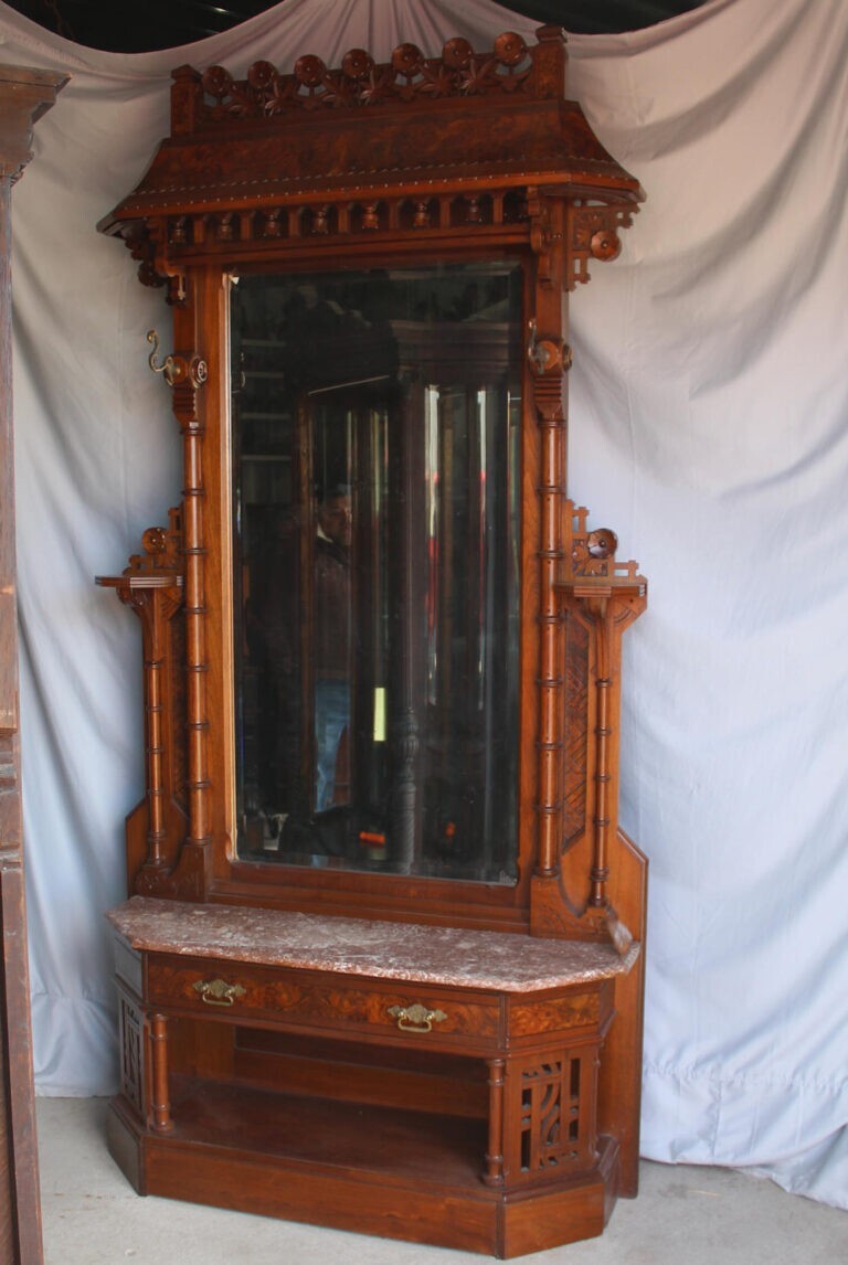 American Victorian Walnut Marble Hall Mirror