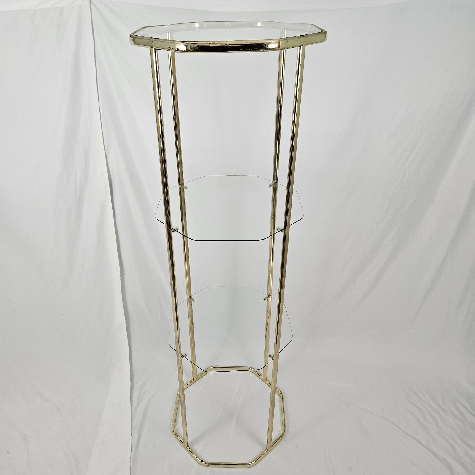 Vintage MCM Etagere 3 Tier Glass Shelf Unit Hall Plant Stand Gold Metal Octagon