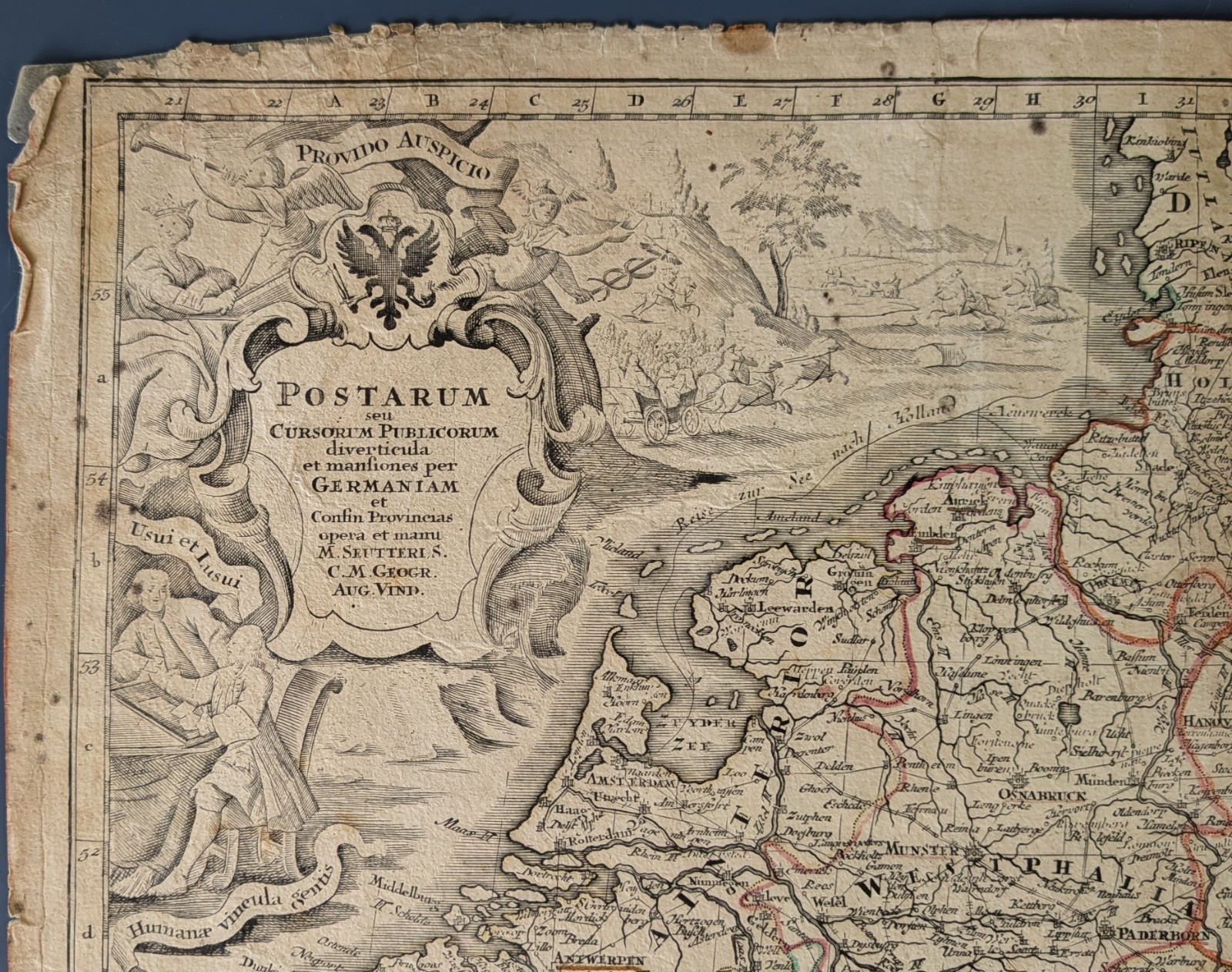 Postarum..Germaniam Seutter Germany Postal Route Map 18thC Original Hand Color