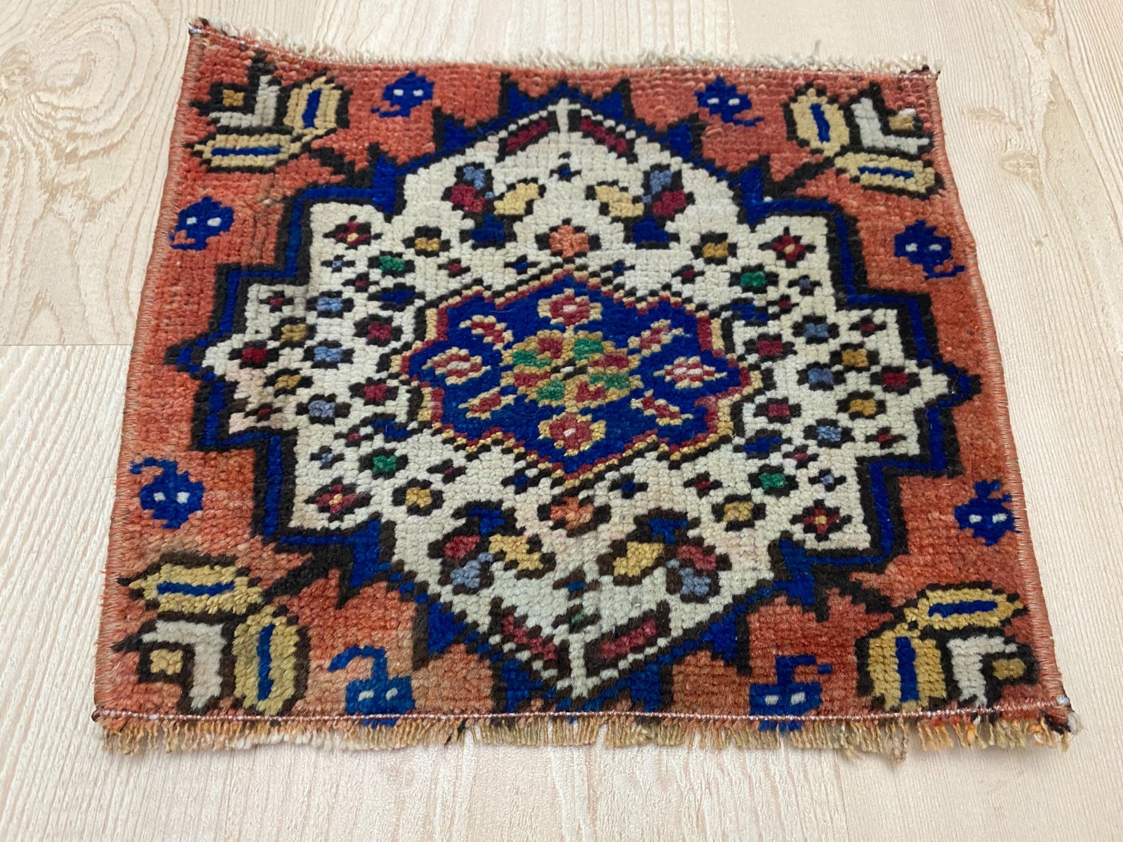 Folk Star Medallion Square Rug 0.9×1.1 ft Peach Blue Handwoven Wool Carpet